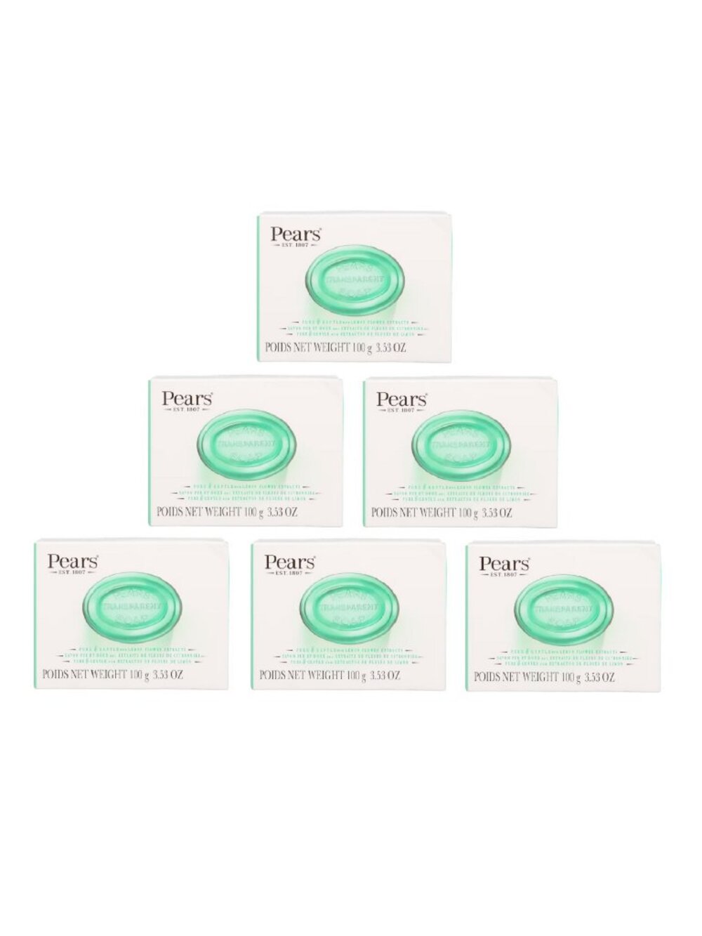 6 Pears Glycerin Soap Bars, Pure & Gentle Transparent Green LEMON FLOWER Extract
